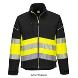 Yellow PW3 Hi Vis Mens Softshell Work Jacket Segmented Hi Viz Class 1 Portwest PW375 Workwear Jackets & Fleeces Portwest Active-Workwear The Portwest PW3 hi-vis class 1 softshell is characterised by its modern, fresh design and contemporary stylish fit. The high quality 3-layer breathable, water resistant and windproof fabric along with multiple practical features ensure this is a must-have solution for a range of working professionals. HiVisTex Pro reflective tape is guaranteed 