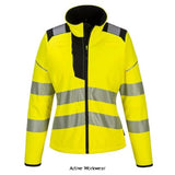 Ladies yellow PW3 Hi-Vis Women's Softshell Jacket for Ladies that work Portwest-PW381 Workwear Jackets & Fleeces Portwest Active-Workwear Designed and tested by women, this stylish women's version of T402 will ensure you stand out from the crowd. The high quality 3-layer breathable, water resistant and windproof fabric along with multiple practical features ensure this is a must-have solution for a range of working professionals. Hi Vis Tex Pro tape while holding a feminine fit.