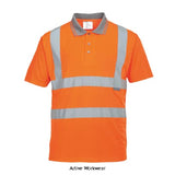 Close-up of the Rail Hi Vis short sleeve Orange Polo Shirt by Portwest with reflective stripes