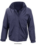 Navy BLUE WOMENS Result Core Ladies Waterproof Windproof Channel Jacket-R221F Jackets Gilets & Fleeces Active-Workwear Outer: 100% Polyester StormDri 4000 with PVC inner coating Filling: 100% Polyester Body lining: 250g/m² 100% Polyester fleece Sleeve lining: 100% Polyester Taffeta Windproof, waterproof 4000mm Fully taped seams Super warm & light, Full front zip fastening with storm flap Fold away hood Easy tear size adjustable cuffs. 