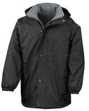 Black Result Reversible Fleece Lined Stormdri Waterproof Jacket-R160X-Workwear Jackets & Fleeces Active-Workwear Outer layer: 200g/m² StormDri 4000 Polyester with PVC coating Reverse: 280g/m² active fleece by Result® 100% Polyester Anti pilling fleece   Waterproof (4,000mm) Windproof Reversible Double stitched taped seams Concealed hood in collar with drawcord adjuster Reversible full front zip fastening 4 side pockets (2 on each reversible side) Elasticated cuffs Stud closing storm flap