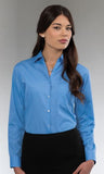 Blue Russell Collection Ladies Long Sleeve Shirt-934F  Made from one of the most classic shirt fabrics combining elegance with durability and wearer comfort Classic single button collar Rounded 2 button adjustable cuffs V-shaped pocket over left chest Rounded hem 