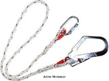 Single Restraint Lanyard 1.5m 100KG - Portwest FP21 Miscellaneous Active-Workwear This 150cm lanyard is made from polyester rope with a scaffold hook and a carabiner. 19mm carabiner opening, 52mm scaffolding hook opening, Loops protected by abrasion resistant thimbles, Suitable for a wide range of applications Max rated load 100kg, 10 Year shelf life from manufacturing date outlined in product label, CE certified, UKCA marked, EN 358 Pass, EN 354