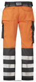 orange Snickers 3 Series Hi Vis Trousers Kneepad & Holster Pockets Class 2 -3233 Hi Vis Trousers Active-Workwear High visibility Snickers holster pocket work trousers ideal for everyday use. The trousers offer visibility in hazardous environments as well as personal protection, reliable working comfort, durability and flexibility. KneeGuard system with CORDURA reinforcements, Pre-bent legs. Ruler pocket with loose end for added comfort. Knee and cargo pockets. Loose fit design