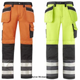 Snickers 3 Series Hi Vis Trousers Kneepad & Holster Pockets Class 2 -3233 Hi Vis Trousers Active-Workwear High visibility Snickers holster pocket work trousers ideal for everyday use. The trousers offer visibility in hazardous environments as well as personal protection, reliable working comfort, durability and flexibility. KneeGuard system with CORDURA reinforcements, Pre-bent legs. Ruler pocket with loose end for added comfort. Knee and cargo pockets. Loose fit design