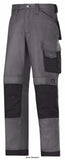 Grey Snickers Work Trousers with Kneepad Pockets Canvas Plus-3314 Trousers Active-Workwear  Amazing work trousers made in extremely comfortable yet durable Canvas+ fabric. Features an advanced cut with Twisted Leg design, Cordura reinforcements for extra durability and a range of pockets, including phone compartment. Advanced cut with Twisted Leg design and Snickers Workwear Gusset in crotch for outstanding working comfort with every move Tough Cordura reinforcements at the knees 