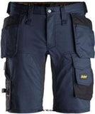 Navy Blue Snickers 6141 Allround Stretch Work Shorts Holster Pockets - 6141 Shorts & Pirate Trousers Active-Workwear Snickers Slim fit work shorts in stretch with holster pockets. Strategically placed 4-way stretch at the back and gusset in crotch for extra flexibility and comfort.  Combination of 2-way stretch and 4-way stretch for extra flexibility and comfort Cordura reinforced pockets Velcro tool holder, classic holster pockets, leg pocket featuring knife fastener, front loops with key holde