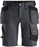 Steel Grey Snickers 6141 Allround Stretch Work Shorts Holster Pockets - 6141 Shorts & Pirate Trousers Active-Workwear Snickers Slim fit work shorts in stretch with holster pockets. Strategically placed 4-way stretch at the back and gusset in crotch for extra flexibility and comfort.  Combination of 2-way stretch and 4-way stretch for extra flexibility and comfort Cordura reinforced pockets Velcro tool holder, classic holster pockets, leg pocket featuring knife fastener, front loops 
