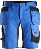 True Blue Snickers 6141 Allround Stretch Work Shorts Holster Pockets - 6141 Shorts & Pirate Trousers Active-Workwear Snickers Slim fit work shorts in stretch with holster pockets. Strategically placed 4-way stretch at the back and gusset in crotch for extra flexibility and comfort.  Combination of 2-way stretch and 4-way stretch for extra flexibility and comfort Cordura reinforced pockets Velcro tool holder, classic holster pockets, leg pocket featuring knife fastener, front loops with key 