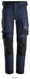 Navy Blue Snickers All Round Slim Fit Work Stretch Tapered Leg Work Trouser - 6341 Kneepad Trousers Active-Workwear Slim fit work trousers in stretch. Workwear goes street smart in these stretchy work trousers that feature slimmer legs for a clean look. Stretch CORDURA® at the knees combined with 4-way stretch at the back provide great flexibility and comfort. Holster pockets for added functionality. 2-way stretch fabric with 4-way stretch panels at back Stretch CORDURA