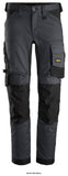 Snickers  Grey All Round Slim Fit Work Stretch Tapered Leg Work Trouser - 6341 Kneepad Trousers Active-Workwear Slim fit work trousers in stretch. Workwear goes street smart in these stretchy work trousers that feature slimmer legs for a clean look. Stretch CORDURA® at the knees combined with 4-way stretch at the back provide great flexibility and comfort. Holster pockets for added functionality. 2-way stretch fabric with 4-way stretch panels at back Stretch CORDURA at knees and crotch Knee Guard system 