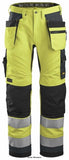 Yellow Snickers All Round Work High Vis Work Trousers Holster Pockets Class 2 - 6230 Trousers Active-Workwear High vis Snickers work trousers with holster pockets suitable for everyday use. CORDURA stretch gusset ensures great fit and ease of movement. CORDURA stretch gusset, Knee Guard knee protection system, Holster pockets, Pre-bent legs, ID badge holder, Suitable for profiling