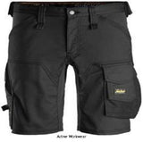Snickers AllRound Work Stretch Shorts - 6143 Shorts & Pirate Trousers Active-Workwear Slim fit work shorts in stretch. Strategically placed 4-way stretch at the back and gusset in crotch for extra flexibility and comfort. Combination of 2-way stretch and 4-way stretch for extra flexibility and comfort Cordura