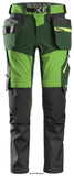 Green Snickers Flexiwork Softshell Premium Stretch Work Trousers With Holster Pockets-6940 Kneepad Trousers Active-Workwear Snickers top of the range high end work trousers made of Schoeller softshell 4-way stretch fabric for exceptional flexibility and function in demanding environments. Advanced materials and functions combine with pre-bent, slim fit to provide an extraordinary piece of workwear