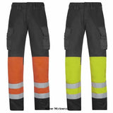 High visibility work trousers by snickers with dirt repellent technology