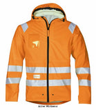 Orange Snickers Hi Vis Waterproof Lightweight Work Jacket EN343 Class 3 - 8233 Hi Vis Jackets Active-Workwear is a beacon in rainy weather. Completely waterproof high visibility rain jacket. Made of stretchy PU coated fabric with welded seams to ensure a 100% dry and comfortable working day. EN 343, EN 471, Class 3. Soft, heat-sealed 3M reflective tapes all round, the shoulders and arms so that you're highly visible from all directions even when bending down. Superior waterproof 