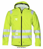 Yellow Snickers Hi Vis Waterproof Lightweight Work Jacket EN343 Class 3 - 8233 Hi Vis Jackets Active-Workwear is a beacon in rainy weather. Completely waterproof high visibility rain jacket. Made of stretchy PU coated fabric with welded seams to ensure a 100% dry and comfortable working day. EN 343, EN 471, Class 3. Soft, heat-sealed 3M reflective tapes all round, the shoulders and arms so that you're highly visible from all directions even when bending down. Superior waterproof 
