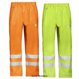 Snickers Workwear Hi Vis Waterproof Rain Trousers (Lightweight) Class 2 - 8243 Hi Vis Trousers Active-Workwear  A beacon in rainy weather. Completely waterproof high-visibility rain trousers. Made of stretchy PU-coated fabric with welded seams to ensure a 100% dry and comfortable working day. EN 343, EN 471, Class 2. Superior waterproof technology conforms to EN 343 and designed with totally waterproof seams, preventing moisture penetration for 100% 