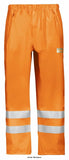Orange Snickers Workwear Hi Vis Waterproof Rain Trousers (Lightweight) Class 2 - 8243 Hi Vis Trousers Active-Workwear  A beacon in rainy weather. Completely waterproof high-visibility rain trousers. Made of stretchy PU-coated fabric with welded seams to ensure a 100% dry and comfortable working day. EN 343, EN 471, Class 2. Superior waterproof technology conforms to EN 343 and designed with totally waterproof seams