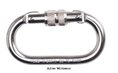 Steel Oval Safety Screw Lock Karabiner EN362 - FP30 Miscellaneous Active-Workwear  Steel oval carabiner with screw lock length: 106mm opening: 19mm. Breaking load: 25kN. Fall Protection is put in place to prevent the risks associated with falling from heights, reducing impact force, restricting obstacle/ground collision and restricting users from fall hazard areas. Other Working at heights equipment