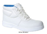 White Steelite Albus Vegan Laced Microfibre Safety Boot White - FW88 Boots Active-Workwear Safety at an affordable price. Water resistant upper with safety toecap antistatic and slip resistant dual density outsole. Laced version is ideal for janitorial work. CE certified Protective steel toecap Anti-static footwear Energy Absorbing Seat Region SRC - Slip resistant outsole to prevent slips and trips on ceramic and steel surfaces Fuel and oil resistant outsole Dual density sole unit Water resistant
