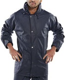 Navy Super B-Dri Jacket En343 Class 3 Waterproof Beeswift - Sbdj Waterproofs Active-Workwear Our best selling budget waterproof jacket see also Super B Dri Waterproof Over Trousers SBDT Super B Dri Coverall SBDC Super B Dri Bib and Brace  EN343 Class 3 Water Penetration , Polyester with PU coating , Concealed hood , Full zip front with storm flap , Self double yoke back , Lower pockets with flap , Elasticated wind cuffs , Stitched and welded seams