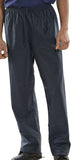 Navy Blue Waterproof Over Trousers En343 Class 3 Waterproof Beeswift Sbdt Waterproofs Active-Workwear Our best selling budget waterproof trousers see also SBDJ waterproof jacket Polyester with PU coating Over trousers with elasticated waist Studded ankles Fabric Conforms to EN343 Class 3 Water Penetration Fabric Conforms to EN343 Class 1 Breathability