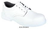 White Vegan Microfibre Laced Safety Shoe S2 sizes 34 -48 Portwest FW80 Shoes Active-Workwear Classic styled laced vegan friendly safety shoe with padded collar for all day comfort. Minimal design makes this collection practical, safe and durable. CE certified Protective steel toecap Anti-static footwear Energy Absorbing Seat Region Water resistant upper to prevent water penetration