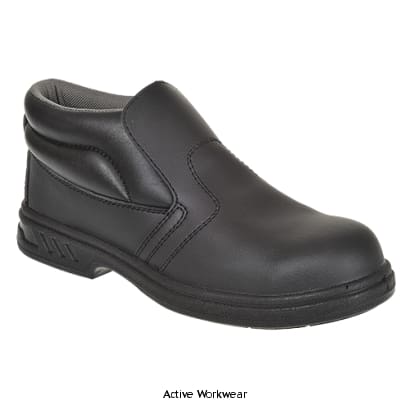 Black Vegan Slip On Safety boot S2 Ideal for medical, catering, food and hospitality Microfibre  - FW83 Boots Active-Workwear Slip on boot style with padded collar for added support. Excellent fit for all day comfort and a steel toecap to keep your feet safe. Ideal for the medical and food industries. CE certified Protective steel toecap Anti-static footwear Energy Absorbing Seat Region Water resistant upper to prevent water penetration SRC 