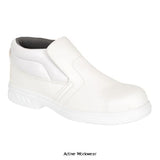 White Vegan Slip On Safety boot S2 Ideal for medical, catering, food and hospitality Microfibre  - FW83 Boots Active-Workwear Slip on boot style with padded collar for added support. Excellent fit for all day comfort and a steel toecap to keep your feet safe. Ideal for the medical and food industries. CE certified Protective steel toecap Anti-static footwear Energy Absorbing Seat Region Water resistant upper to prevent water penetration SRC 