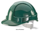 Green Vented Safety Helmet B-Brand Economy Bbevsh Beeswift Head Protection Active-Workwear Modern Stylish Design, ABS Shell , Vents to crown, Lightweight, Plastic harness c/w sweatband, Slots for attachments, Conforms to EN397 use FXVP25Z post for helmet attachments 