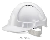 White Vented Safety Helmet B-Brand Economy Bbevsh Beeswift Head Protection Active-Workwear Modern Stylish Design, ABS Shell , Vents to crown, Lightweight, Plastic harness c/w sweatband, Slots for attachments, Conforms to EN397 use FXVP25Z post for helmet attachments 