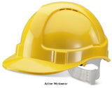 Yellow Vented Safety Helmet B-Brand Economy Bbevsh Beeswift Head Protection Active-Workwear Modern Stylish Design, ABS Shell , Vents to crown, Lightweight, Plastic harness c/w sweatband, Slots for attachments, Conforms to EN397 use FXVP25Z post for helmet attachments 