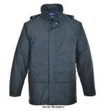Blue Waterproof Sealtex Classic Work Rain Jacket - S450 Waterproofs Active-Workwear The clever styling exceptional water resistance and affordable price make this garment a great value waterproof jacket. The tough fabric and welded seams are combined with a generous fit for wearer comfort. It offers storage space for your personal and work belongings and the zip fastened studded storm flap keeps out all the e the weather may throw at you