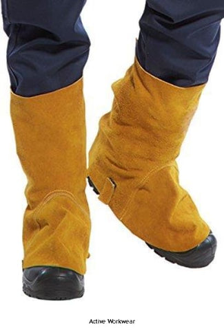 Close-up of person wearing Welding Flame Retardant Leather Boot Covers 14 - SW32 and boots