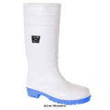 White Wellington Boot S5 Steel Toe and Midsole Portwest Total Safety FW95 Wellingtons Active-Workwear The Portwest Total Safety Wellington offers ultimate S5 protection to the wearer. Steel toecap and midsole. PVC/Nitrile construction that is waterproof and resistant to oil, fuels and acids. Suitable for a variety of environments. CE certified. Protective steel toecap Steel midsole Anti-static footwear Energy Absorbing Seat Region