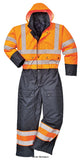 Close up of person in waterproof contrast coverall with hood, Winter Hi Viz Portwest S485