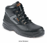 Worksite S1P Black Safety Work Boots Steel Toe & Midsole. Sizes: 5-13 SS601 SM Boots Active-Workwear Black leather Safety boot with reflective detailing mid cut boot, Padded collar and tongue, Reflective flash, Steel toe cap and mid-sole, PU dual density sole, Chemical resistant sole, Oil resistant sole, Shock absorption, Anti static.
