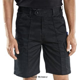 Black Workwear Budget Men's Cargo Pocket Work Shorts - Clcps Shorts & Pirate Trousers Active-Workwear 230gsm Polyester cotton industrial work shorts. Zip fly. 7 belt loop waistband with double button fastening. Sewn in crease. 2 Swing hip pockets. 2 Cargo pockets. 2 Rear pockets with stud flap. 