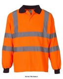 Yoko Hi-Vis 2 Band Long Sleeve Polo Shirt -HVJ310-3M Hi Vis Tops Active-Workwear  Conforms to EN ISO20471:2013 Class 3 Two 5cm width reflective tapes around the body and arms, and one over each shoulder Contrast knitted navy ribbed collar & cuffs